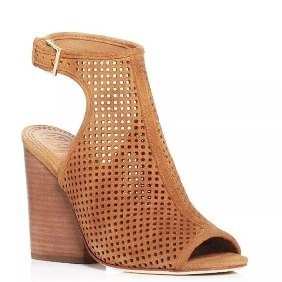 $350 Tory Burch Jessie Perforated High-Heel Booties STRAP SUEDE BROWN 5 (MG25) - Picture 1 of 8